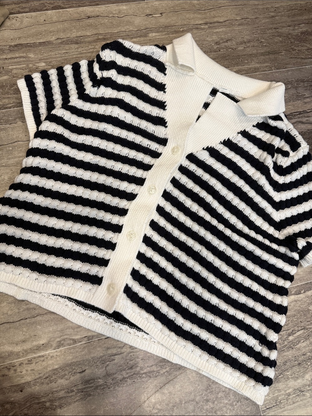 Classic Stripe Short-Sleeve Cardigan Sweater - Black & White